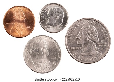 Quarter Dollar, one dime, Five cent or nickel, One Cent or penny. Four most commonly used American Coin. US Bank. Metallic silver circle coin. High quality macro photo. Isolated white background