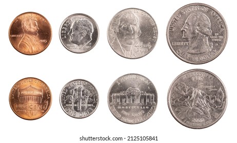 Quarter Dollar, one dime, Five cent or nickel, One Cent or penny. Four most commonly used American Coin both sides. Metallic silver circle coin. High quality macro photo. Isolated white background