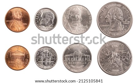 Quarter Dollar, one dime, Five cent or nickel, One Cent or penny. Four most commonly used American Coin both sides. Metallic silver circle coin. High quality macro photo. Isolated white background