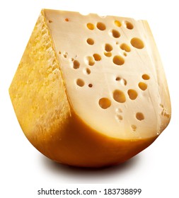 Quarter of Emmental cheese head isolated on a white background. Clipping paths.