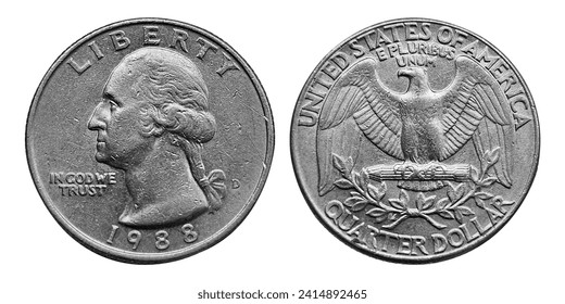 The quarter, short for quarter dollar, is a United States coin worth 25 cents, one-quarter of a dollar. The coin sports the profile of George Washington on its obverse. 1988 - Powered by Shutterstock