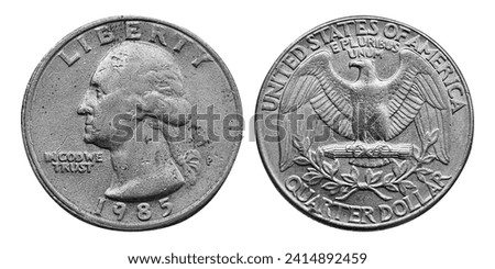 The quarter, short for quarter dollar, is a United States coin worth 25 cents, one-quarter of a dollar. The coin sports the profile of George Washington on its obverse. 1985