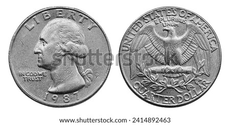The quarter, short for quarter dollar, is a United States coin worth 25 cents, one-quarter of a dollar. The coin sports the profile of George Washington on its obverse. 1987