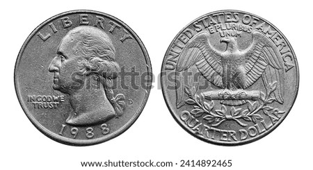 The quarter, short for quarter dollar, is a United States coin worth 25 cents, one-quarter of a dollar. The coin sports the profile of George Washington on its obverse. 1988