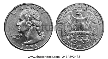 The quarter, short for quarter dollar, is a United States coin worth 25 cents, one-quarter of a dollar. The coin sports the profile of George Washington on its obverse. 1996