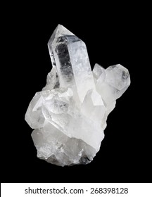 Quartz Crystal Cluster High Size On Black Background, Mineral Also Used As Semi-precious Gemstones. Silica, Silicon Dioxide, SiO2.