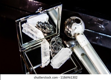 Quartz And Meth Crystal, Side By Side, Marcasite Skull Between, Meth Pipe Behind.