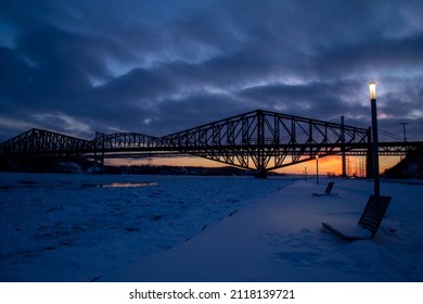 Quebec Bridge At Sun Set In Winter Time