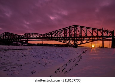 Quebec Bridge At Sun Set In Winter Time