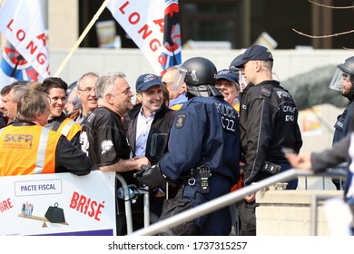 
Quebec, Canada - 05/12/2016: Manifestation Of CUPE, Canadian Union Of Public Employees And The FTQ, Quebec Federation Of Workers In Quebec