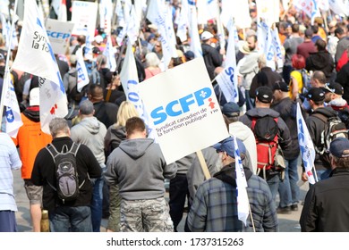 
Quebec, Canada - 05/12/2016: Manifestation Of CUPE, Canadian Union Of Public Employees And The FTQ, Quebec Federation Of Workers In Quebec