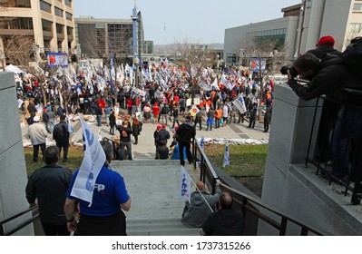 
Quebec, Canada - 05/12/2016: Manifestation Of CUPE, Canadian Union Of Public Employees And The FTQ, Quebec Federation Of Workers In Quebec