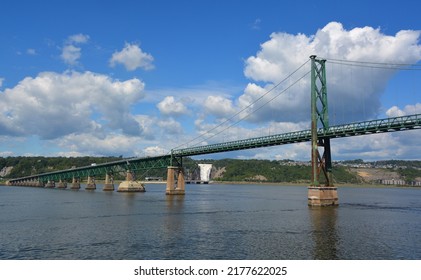 QUEBEC CANADA 08 24 20: Ile d'Orleans Bridge or the Pont de l'Ile, is a suspension bridge that spans the Saint Lawrence River between the Beauport borough of Quebec City and Ile d'Orleans