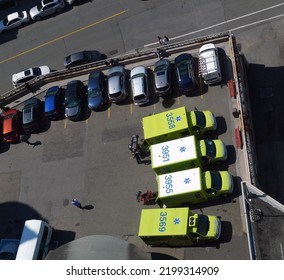 Quebec, Canada - 09-07-2022: Ambulances In A Hospital Parking Lot