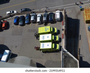 Quebec, Canada - 09-07-2022: Ambulances In A Hospital Parking Lot