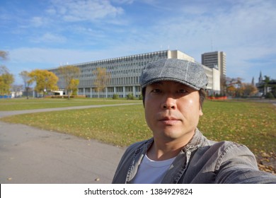 Quebec, Canada, 10 22 2017 : A Man Standing At Laval University In Quebec City