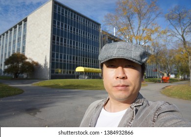 Quebec, Canada, 10 22 2017 : A Man Standing At Laval University In Quebec City