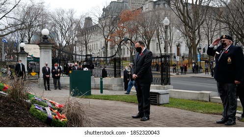 Quebec, Canada - 11/11/2020: Remembrance Day Ceremony In Quebec With Francois Legault, Premier Of Quebec