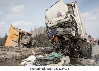 Quebec, Canada - January 2019 - Spectacular Tractor Trailer Crash.