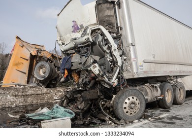 Quebec, Canada - January 2019 - Spectacular Tractor Trailer Crash.