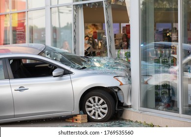 Quebec, Canada - June 2020 - Car Crash In Building. 