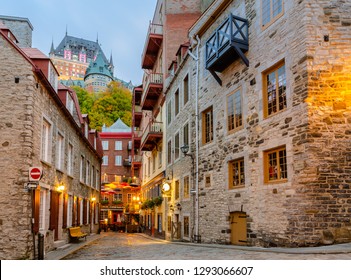 Quebec, Canada - October 16, 2018: Twilight View of Rue du Petit-Champlain little street in Lower town of Old Quebec city in Quebec, Canada.