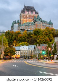 Quebec, Canada - October 16, 2018: Cityscape  Or Skyline Of Quebec Lower Old Town And Fairmont Le Château Frontenac Hotel  During Autumn Season In Quebec, Canada.