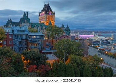 QUEBEC, CANADA, October 8, 2022 : Château Frontenac At Blue Hour. It Is A Historic Building Designed By Bruce Price And Now A Luxury Hotel.