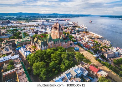 Quebec City boardwalk and Old Port, aerial view, Quebec, Canada.