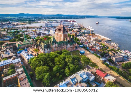 Quebec City boardwalk and Old Port, aerial view, Quebec, Canada.