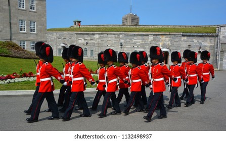 QUEBEC CITY QUEBEC CANADA 07 09 18: Changing Of The Guard At The Citadelle Of Quebec Since 1928.The Ceremony Features Soldiers Of The Royal 22e Regiment In Their Scarlet Regimental Dress And Bearskins