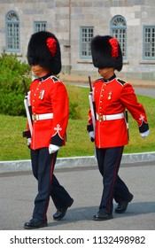 QUEBEC CITY QUEBEC CANADA 07 09 18: Changing Of The Guard At The Citadelle Of Quebec Since 1928.The Ceremony Features Soldiers Of The Royal 22e Regiment In Their Scarlet Regimental Dress And Bearskins