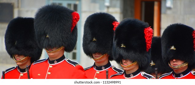 QUEBEC CITY QUEBEC CANADA 07 09 18: Changing Of The Guard At The Citadelle Of Quebec Since 1928.The Ceremony Features Soldiers Of The Royal 22e Regiment In Their Scarlet Regimental Dress And Bearskins