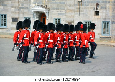 QUEBEC CITY QUEBEC CANADA 07 09 18: Changing Of The Guard At The Citadelle Of Quebec Since 1928.The Ceremony Features Soldiers Of The Royal 22e Regiment In Their Scarlet Regimental Dress And Bearskins