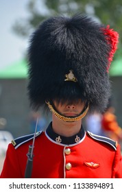 QUEBEC CITY QUEBEC CANADA 07 09 18: Changing Of The Guard At The Citadelle Of Quebec Since 1928.The Ceremony Features Soldiers Of The Royal 22e Regiment In Their Scarlet Regimental Dress And Bearskins