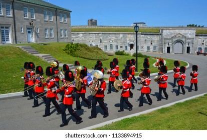 QUEBEC CITY QUEBEC CANADA 07 09 18: Changing Of The Guard At The Citadelle Of Quebec Since 1928.The Ceremony Features Soldiers Of The Royal 22e Regiment In Their Scarlet Regimental Dress And Bearskins