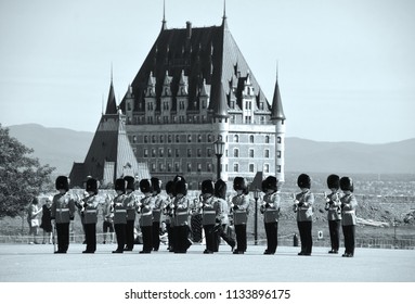 QUEBEC CITY QUEBEC CANADA 07 09 18: Changing Of The Guard At The Citadelle Of Quebec Since 1928.The Ceremony Features Soldiers Of The Royal 22e Regiment In Their Scarlet Regimental Dress And Bearskins