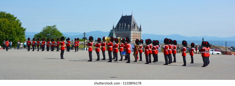 QUEBEC CITY QUEBEC CANADA 07 09 18: Changing Of The Guard At The Citadelle Of Quebec Since 1928.The Ceremony Features Soldiers Of The Royal 22e Regiment In Their Scarlet Regimental Dress And Bearskins