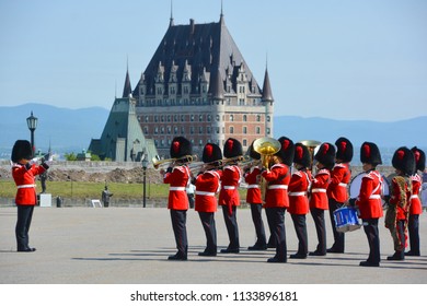 QUEBEC CITY QUEBEC CANADA 07 09 18: Changing Of The Guard At The Citadelle Of Quebec Since 1928.The Ceremony Features Soldiers Of The Royal 22e Regiment In Their Scarlet Regimental Dress And Bearskins