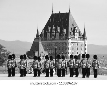 QUEBEC CITY QUEBEC CANADA 07 09 18: Changing Of The Guard At The Citadelle Of Quebec Since 1928.The Ceremony Features Soldiers Of The Royal 22e Regiment In Their Scarlet Regimental Dress And Bearskins