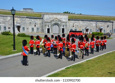 QUEBEC CITY QUEBEC CANADA 07 09 18: Changing Of The Guard At The Citadelle Of Quebec Since 1928.The Ceremony Features Soldiers Of The Royal 22e Regiment In Their Scarlet Regimental Dress And Bearskins