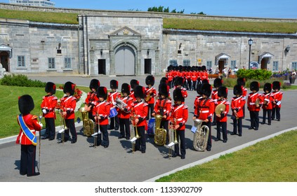 QUEBEC CITY QUEBEC CANADA 07 09 18: Changing Of The Guard At The Citadelle Of Quebec Since 1928.The Ceremony Features Soldiers Of The Royal 22e Regiment In Their Scarlet Regimental Dress And Bearskins