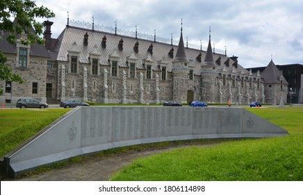 QUEBEC CITY QUEBEC CANADA 08 20 2020: In Front Quebec City Armoury The Monument Of The 22e Bataillon Now Le Royal 22e Regiment Was Formed In 1914, The Only Francophone Regiment In The Canadian  Force