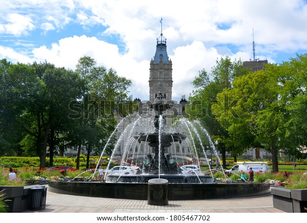 QUEBEC CITY CANADA 08 20 2020: In\
front of the Parliament Building, Fontaine de Tourny spent over a\
century in France before becoming a Québec City\
landmark.