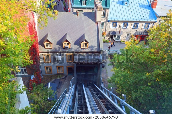 QUEBEC CITY QUEBEC CANADA 10 13 2021: Old Quebec\
Funicular (French: Funiculaire du Vieux-Quebec) is a funicular\
railway links the Haute-Ville (Upper Town) to the Basse-Ville\
(Lower Town)