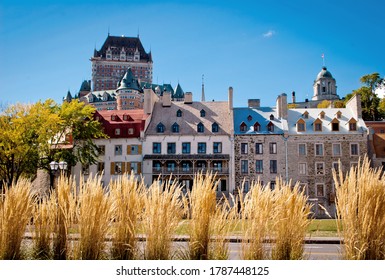 Quebec City, Quebec, Canada - 2012: Long Brown Grass In Front Of Tiny Cottage Houses