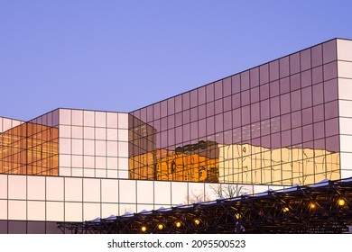 Quebec City, Quebec, Canada, December 23, 2021 - The 1976 Quebec Government Income Tax Head Office Marly Building Seen In The Morning Golden Light  