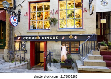 Quebec City, Quebec, Canada, July 10, 2022- Selective Focus View Of The Cochon Dingue Restaurant Rear Facade In The Old Town Petit-Champlain Sector