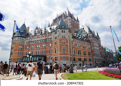 QUEBEC CITY, CANADA - JULY, 20: Tourists visiting the Chateau Frontenac in Old Quebec city Canada on July 20 2014. This historical area is a UNESCO World Heritage Site.