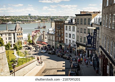 QUEBEC CITY, CANADA - July 2022: Quebec City Old Town Narrow Street With People On Sunny Summer Day, Canada